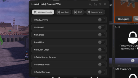Luned Hub | Inf Damage, Inf Ammo, Rapid Fire, ESP Aimbot etc - Ground War script preview