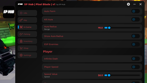 SP Hub Auto Farm, Inf Dash, Kill Aura, And More (Keyless) v1 - Pixel Blade script preview