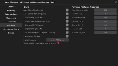 FARM CLAN XP AND INSANE FEATURES - [🍀] Saber Simulator script preview